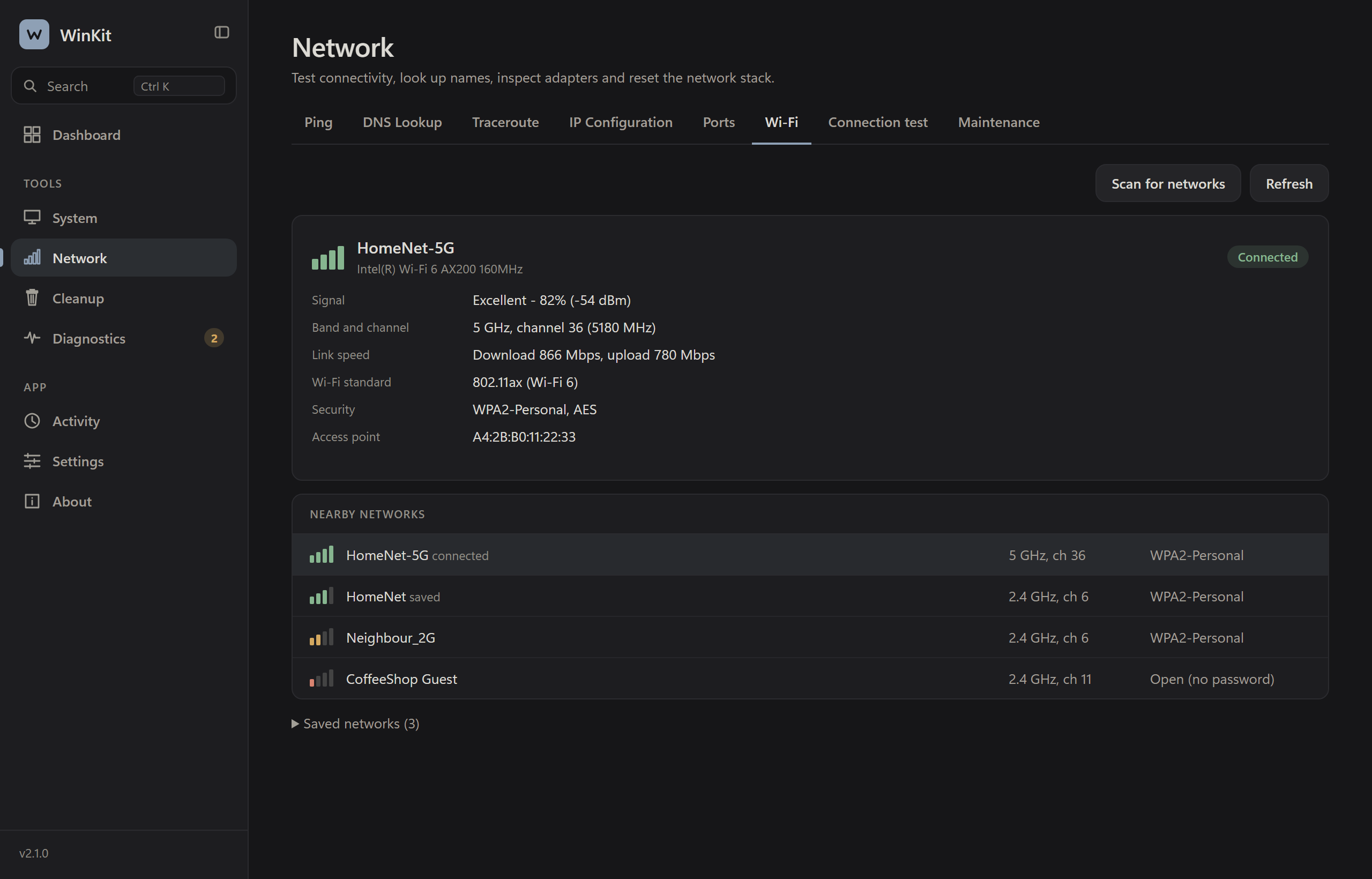 Wi-Fi details showing signal, channel, link speed, security and nearby networks.