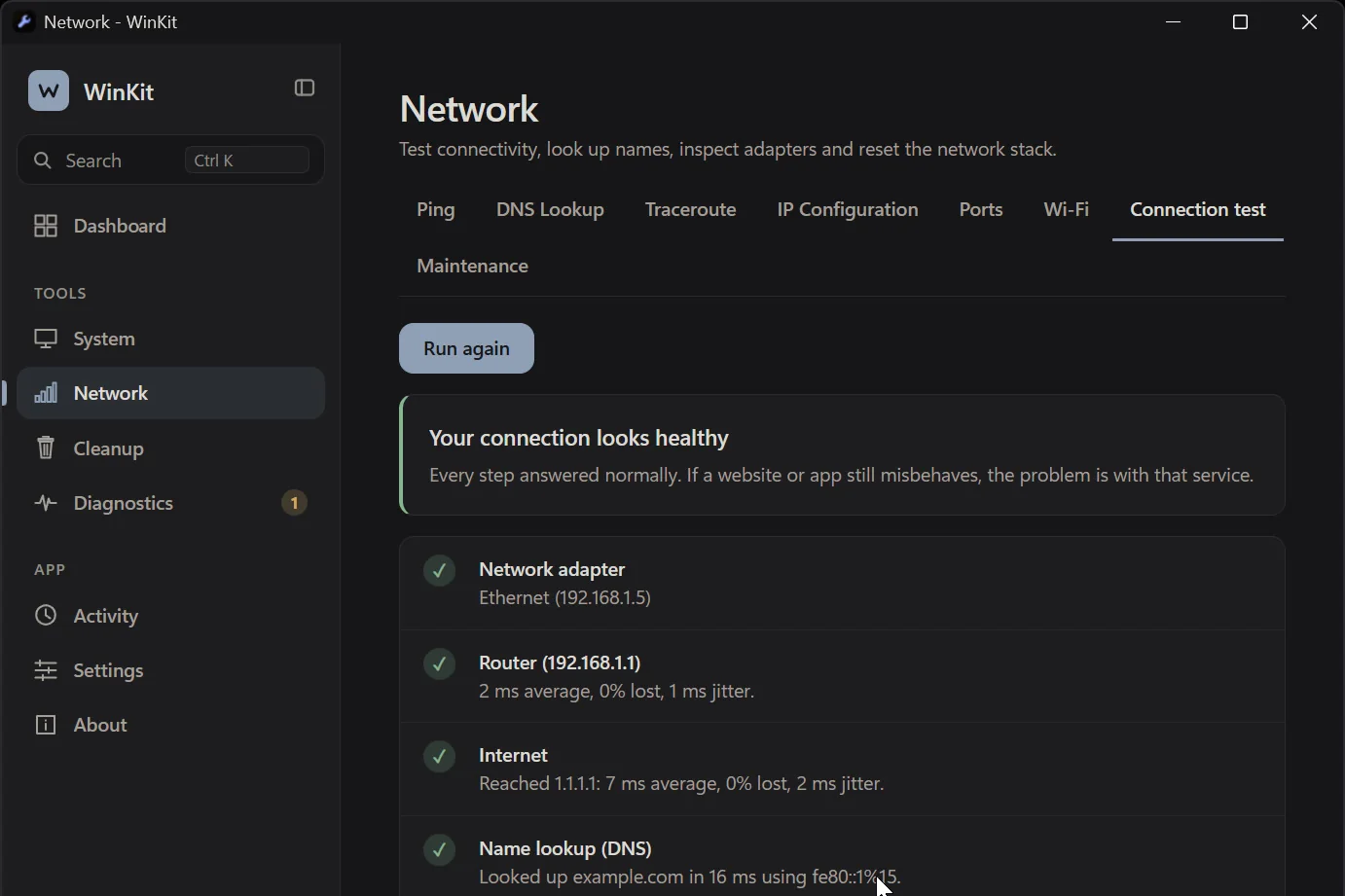 The WinKit connection test: your connection looks healthy, with the network adapter, router, internet and DNS lookup all answering.