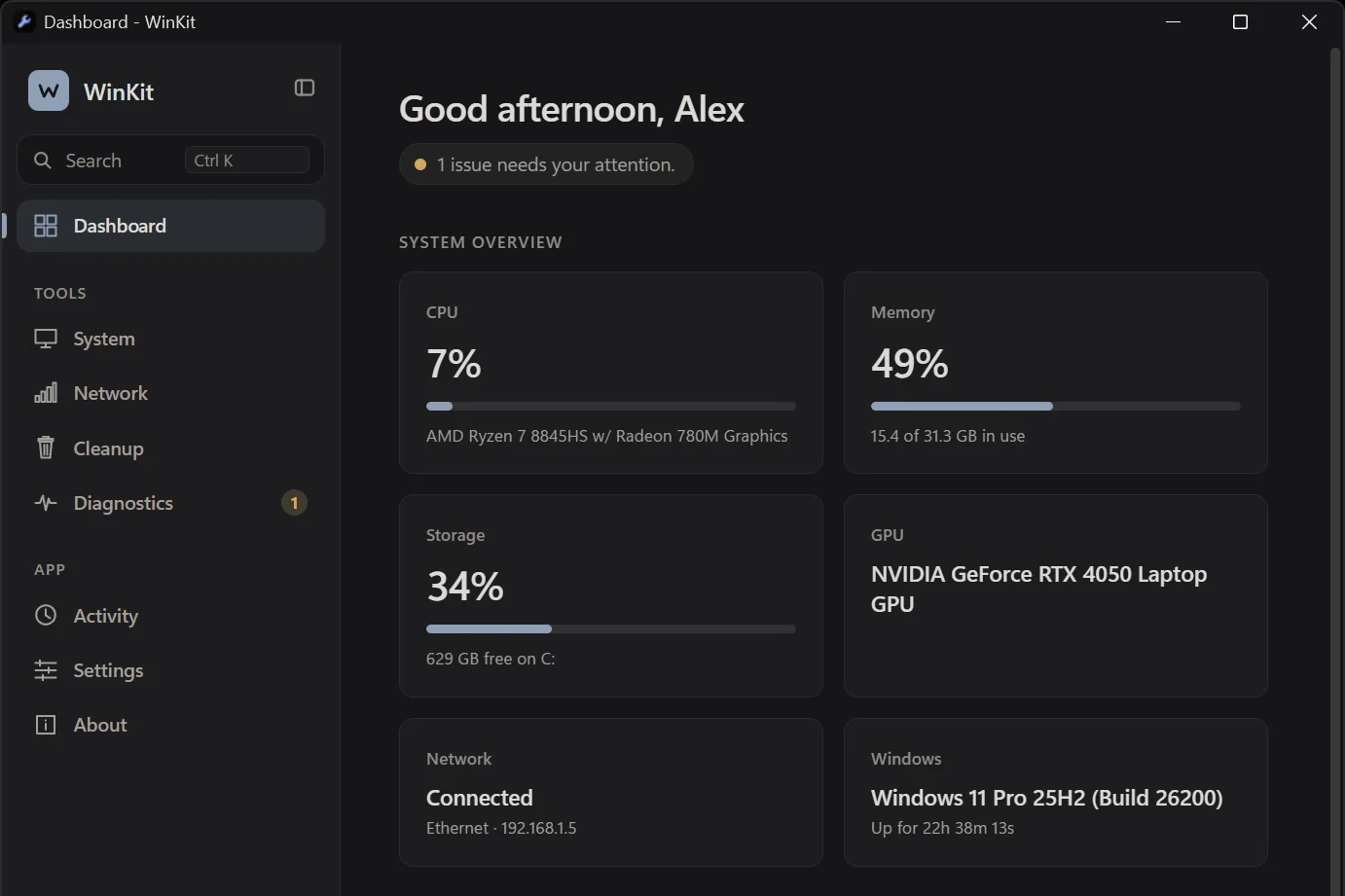 The WinKit dashboard in the Dusk theme: CPU, memory, storage, GPU, network and Windows cards, and hardware health for three drives and the battery.