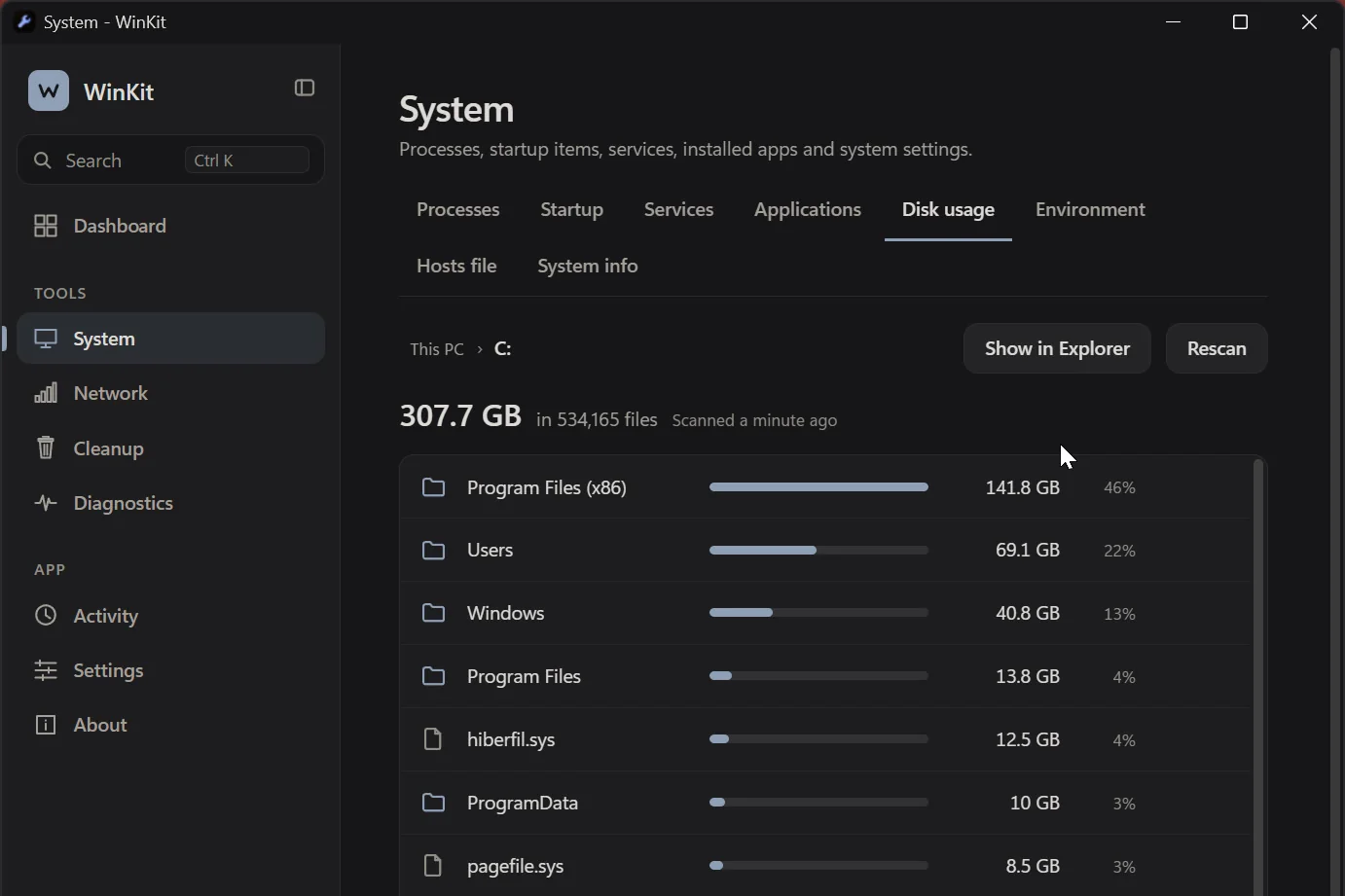 WinKit Disk usage on drive C: 307.7 GB in 534,163 files, Program Files (x86) first at 141.8 GB.