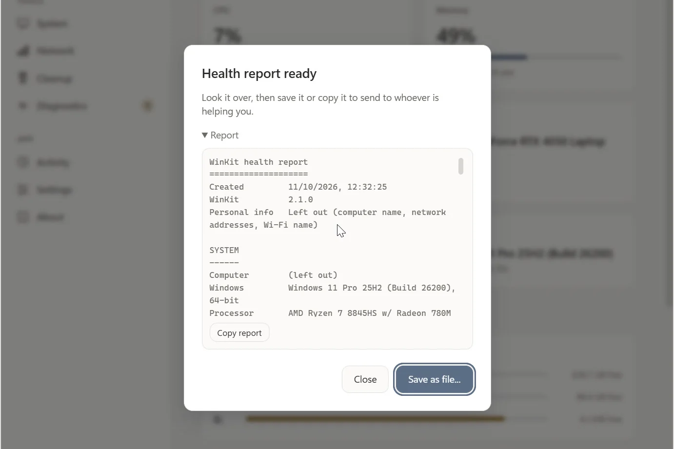 The WinKit health report dialog with a plain-text summary, personal info left out, and buttons to copy or save it.