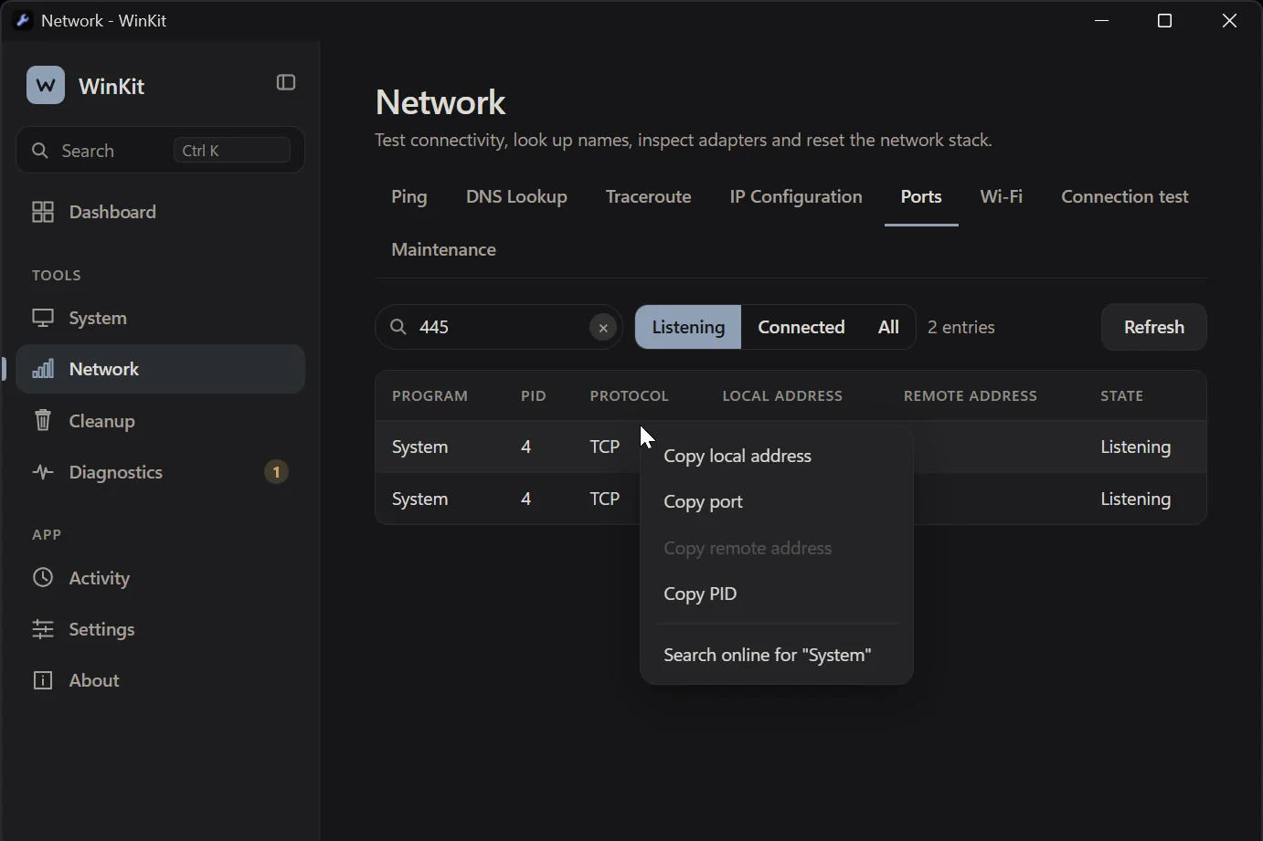WinKit Open ports filtered to 445: the System process, PID 4, listening on TCP, with a right-click menu to copy the address, port or PID.