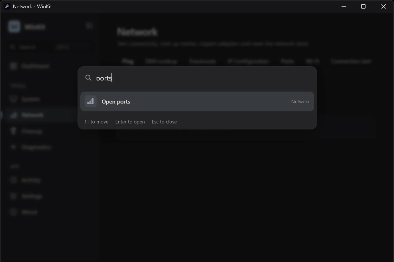 WinKit Quick Open with ports typed and Open ports as the top result.