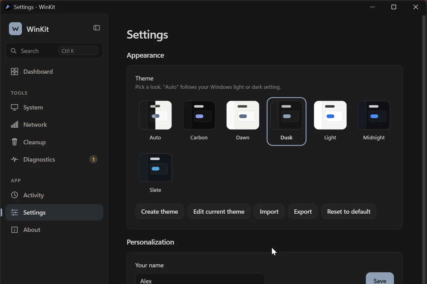 WinKit Settings with the theme picker: Auto, Carbon, Dawn, Dusk, Light, Midnight and Slate.